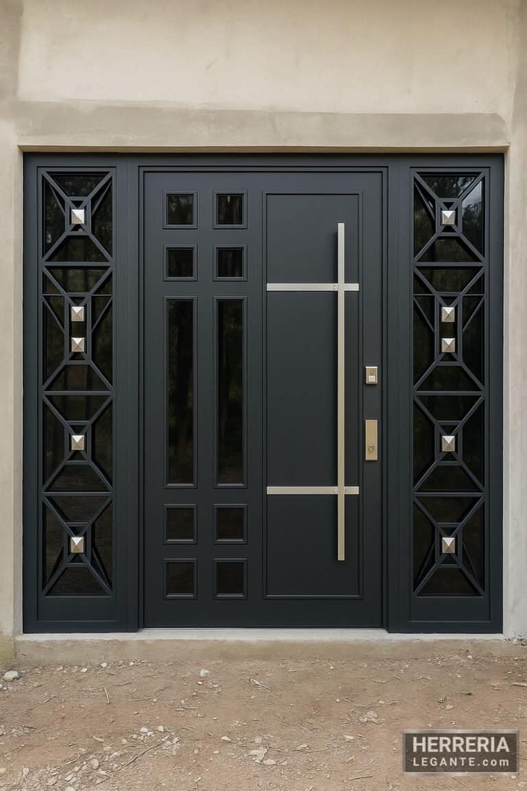 Puerta de herrería negra con diseño geométrico, vidrio templado y manija vertical en entrada grande