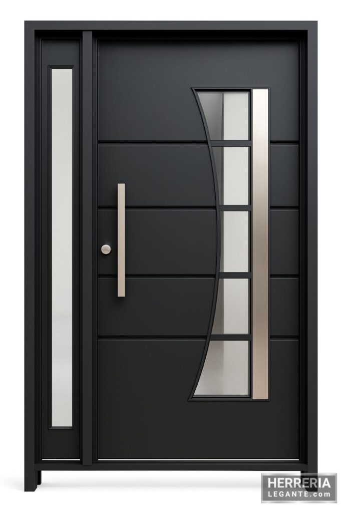 Puerta de herreria negra con diseño moderno, vidrio curvo y detalles en acero inoxidable para fachada principal