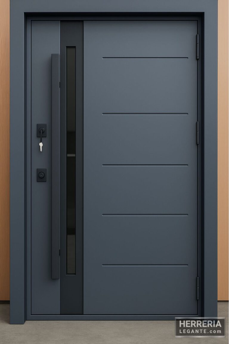 Puerta de hierro gris oscuro con franja de vidrio y líneas horizontales minimalistas