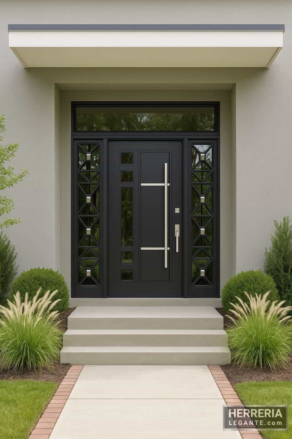 Puerta de herrería negra con diseño geométrico y vidrios, rodeada de plantas y césped en fachada moderna