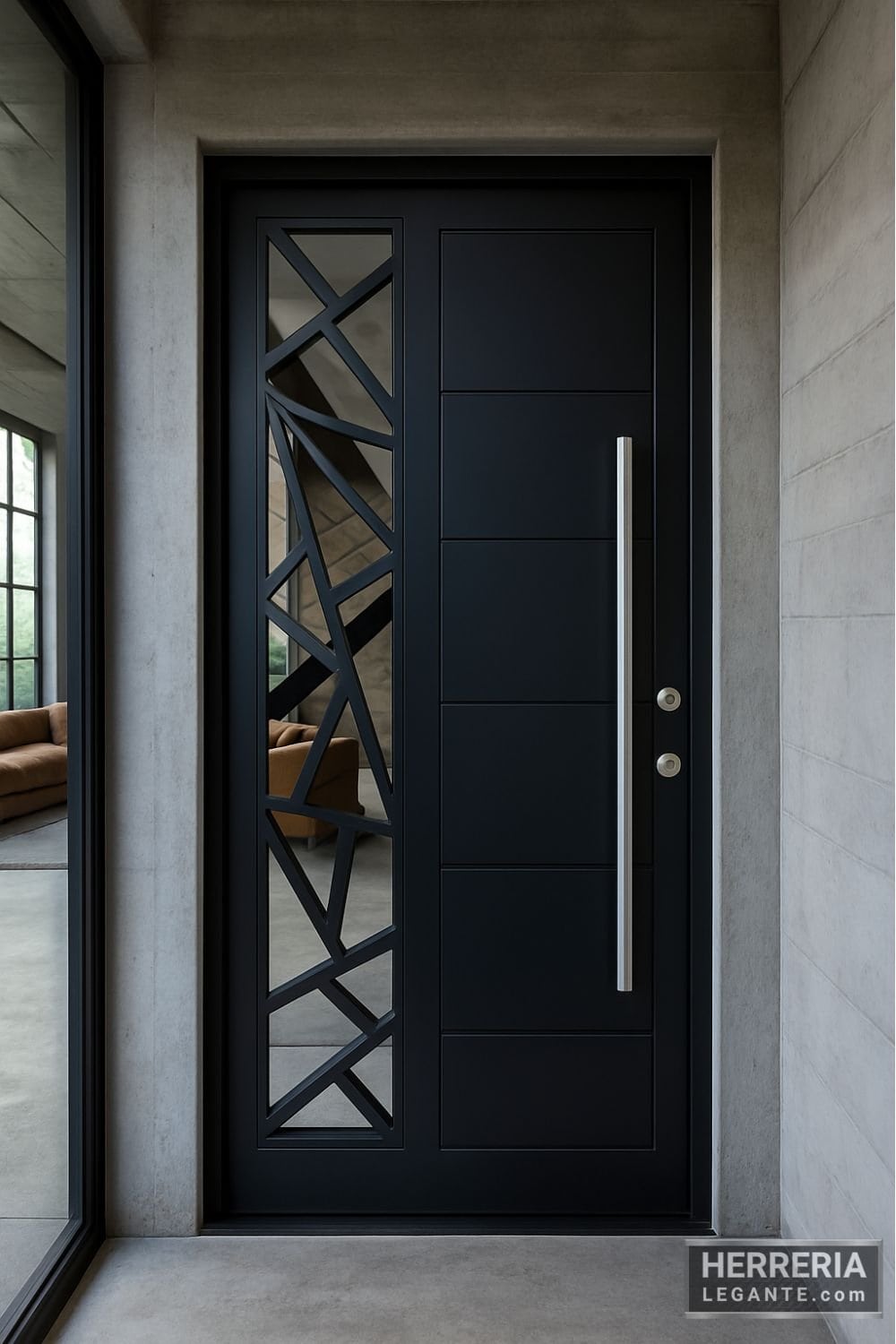Puerta negra con diseño geométrico sobre vidrio en ingreso de loft con muros de concreto y ventanales