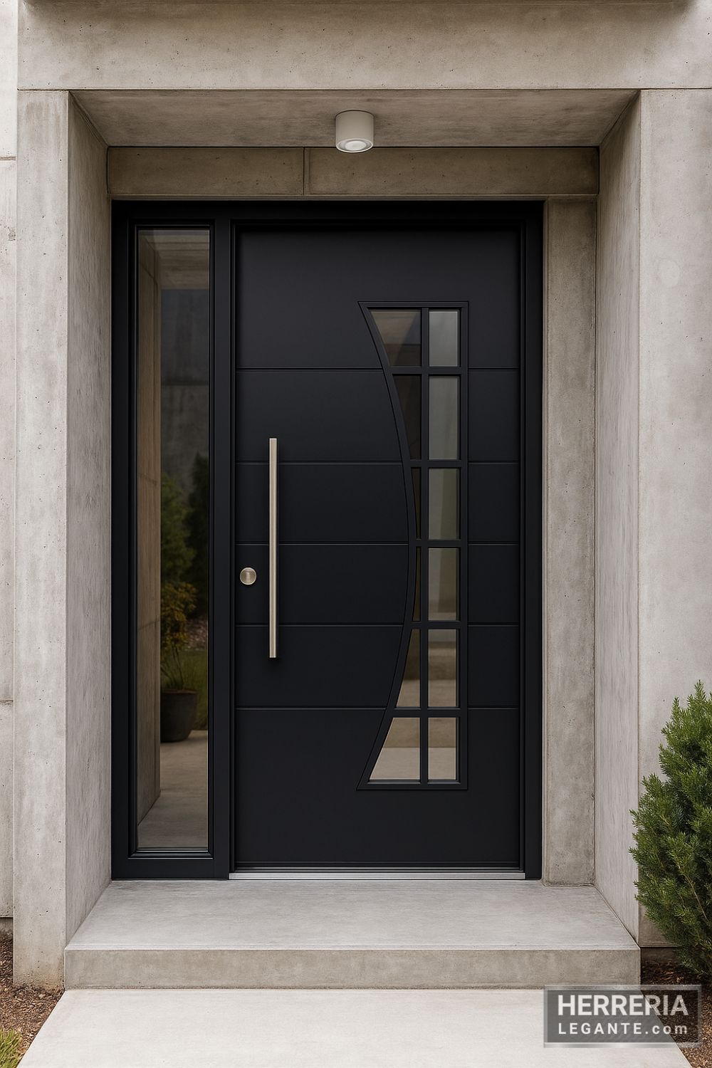 Puerta negra con diseño curvo de vidrio y detalles metálicos instalada en muro de concreto moderno