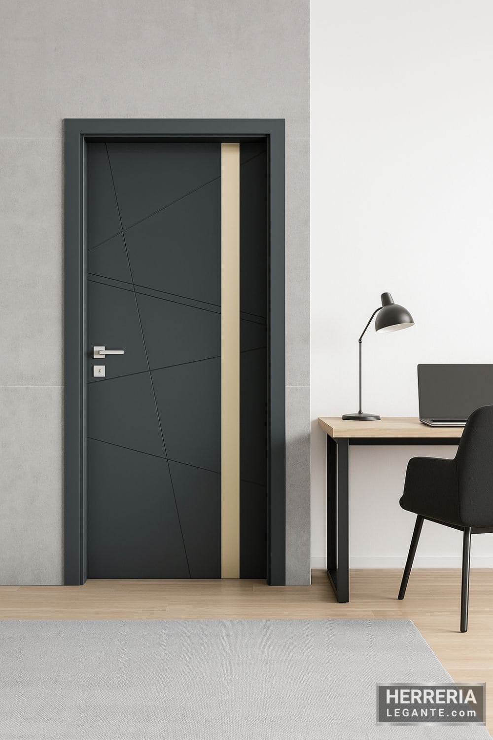 Puerta compacta de diseño moderno en oficina con escritorio de madera y lámpara negra