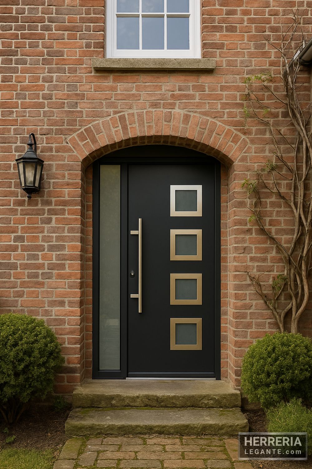 Entrada renovada de casa antigua con puerta de herrería moderna en acabado grafito