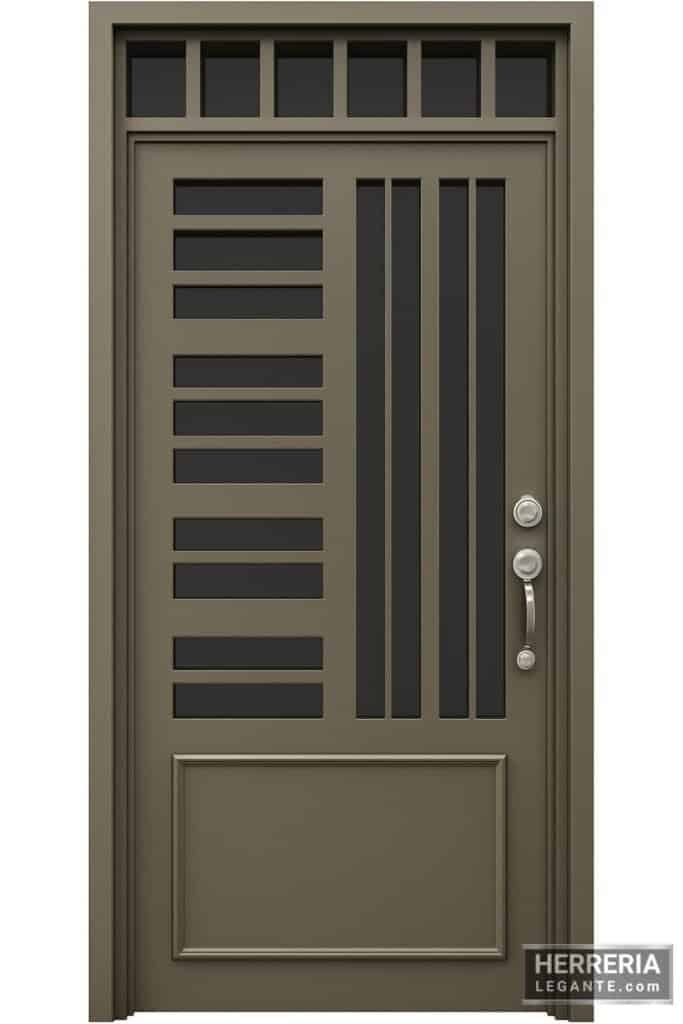 Puerta metálica color bronce con paneles de vidrio y barras tipo reja en diseño vertical y horizontal