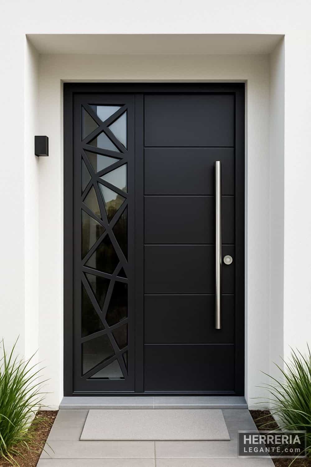 Puerta metálica con diseño geométrico sobre vidrio instalada en muro blanco de casa elegante