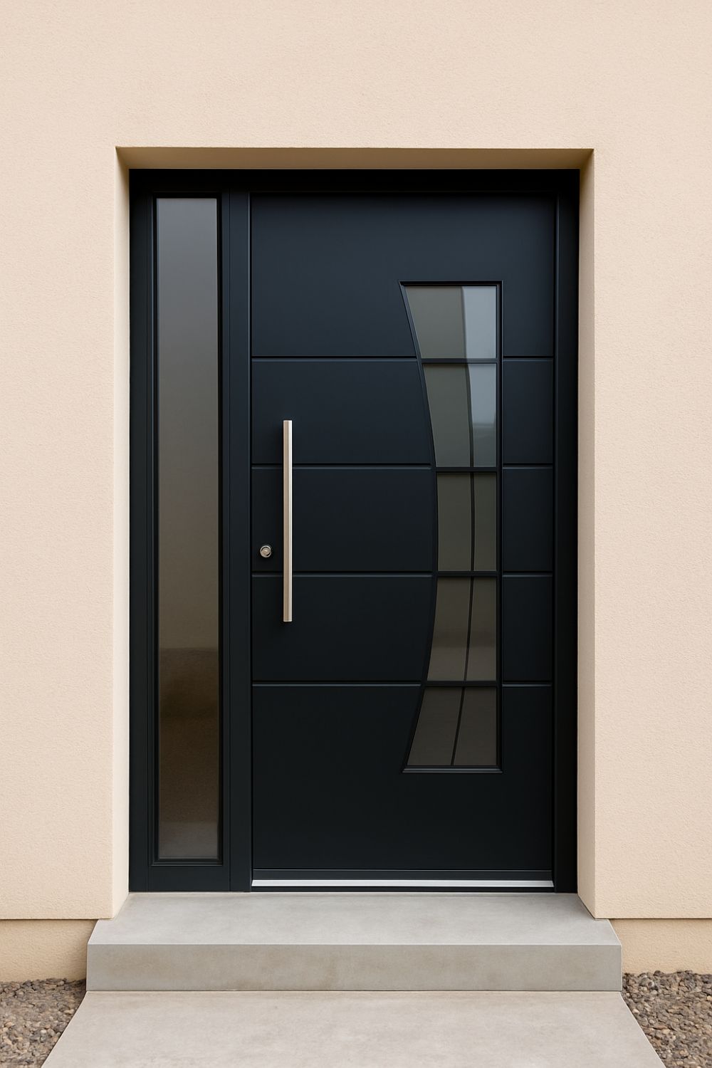 Puerta de herreria negra con vidrio curvo y manija vertical sobre fachada beige lisa de entrada moderna