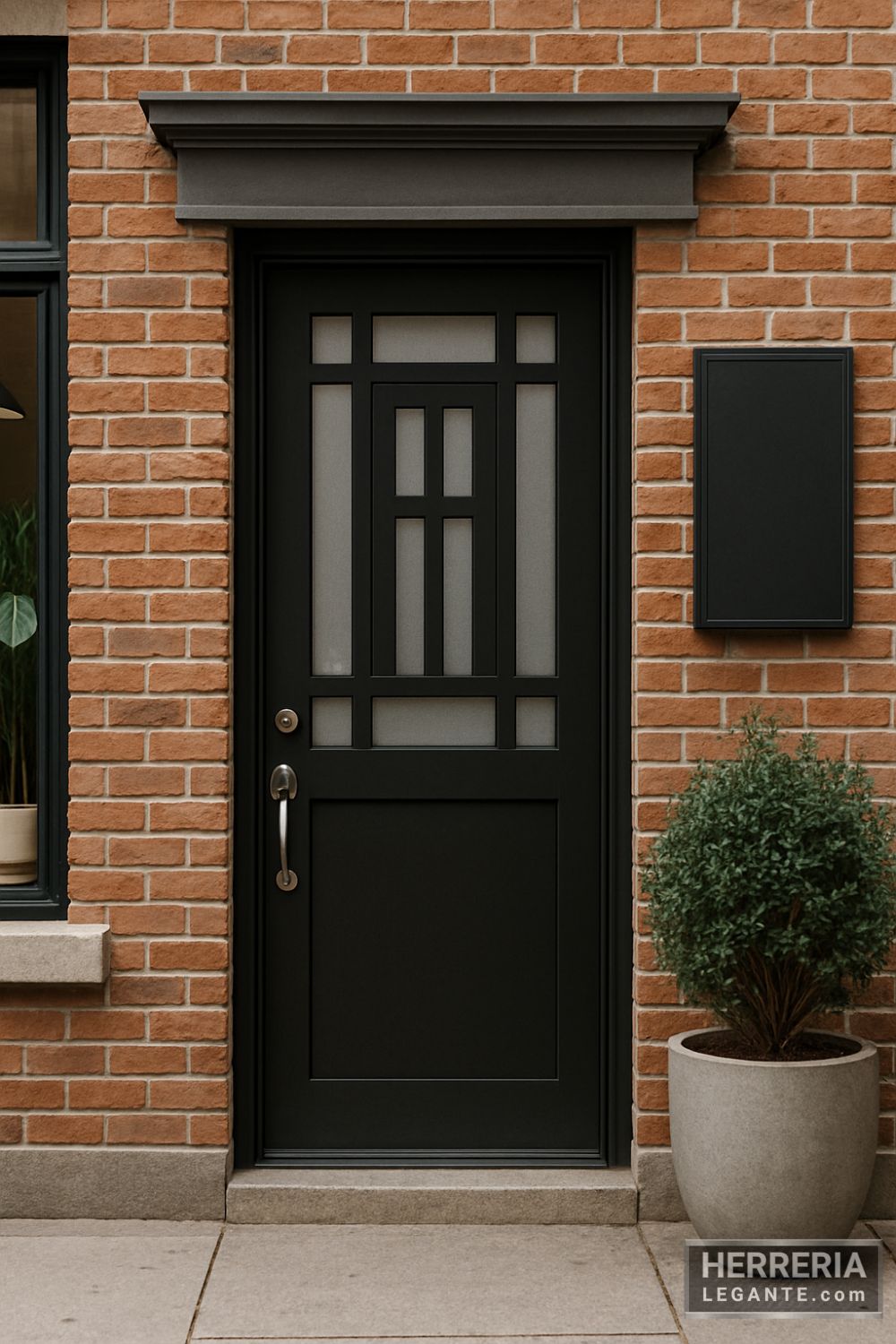 Fachada de local comercial con puerta de herrería negra y diseño geométrico