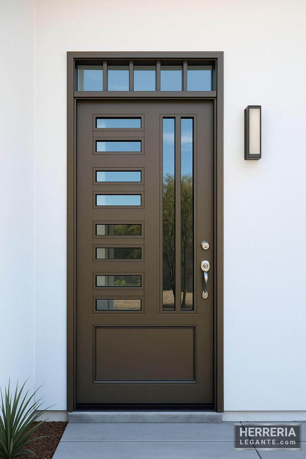 Puerta de herrería color bronce con vidrio en fachada de muro blanco y diseño simple exterior