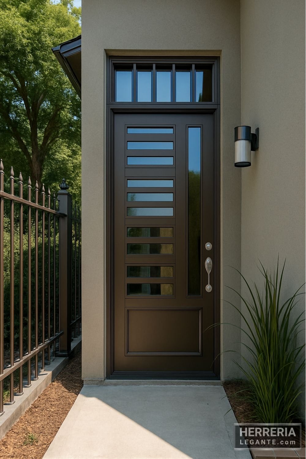 Puerta metálica moderna con vidrio y rejas, junto a cerco de fierro forjado en entrada residencial