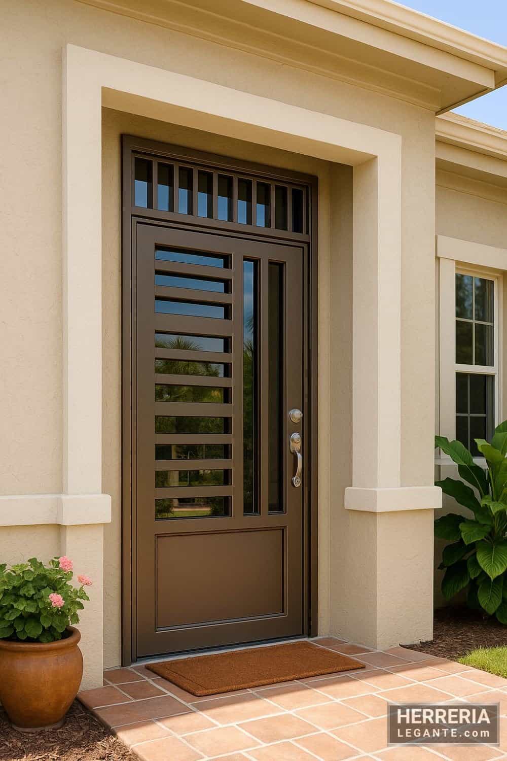 Puerta de herrería con vidrio y rejillas horizontales en fachada de casa en zona cálida