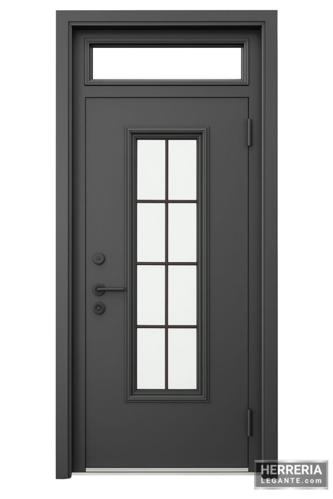 Puerta metálica gris oscuro con panel de vidrio central dividido en cuadrantes rectangulares y tragaluz superior