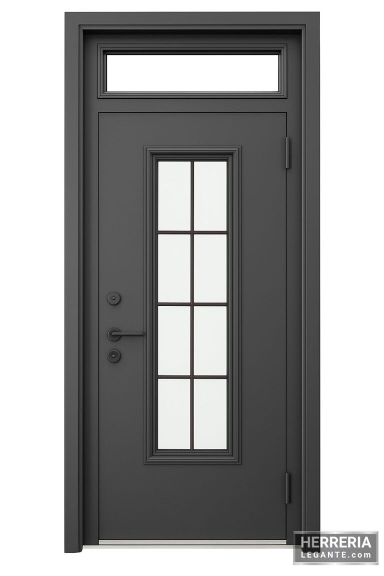 Puerta metálica gris oscuro con panel de vidrio central dividido en cuadrantes rectangulares y tragaluz superior