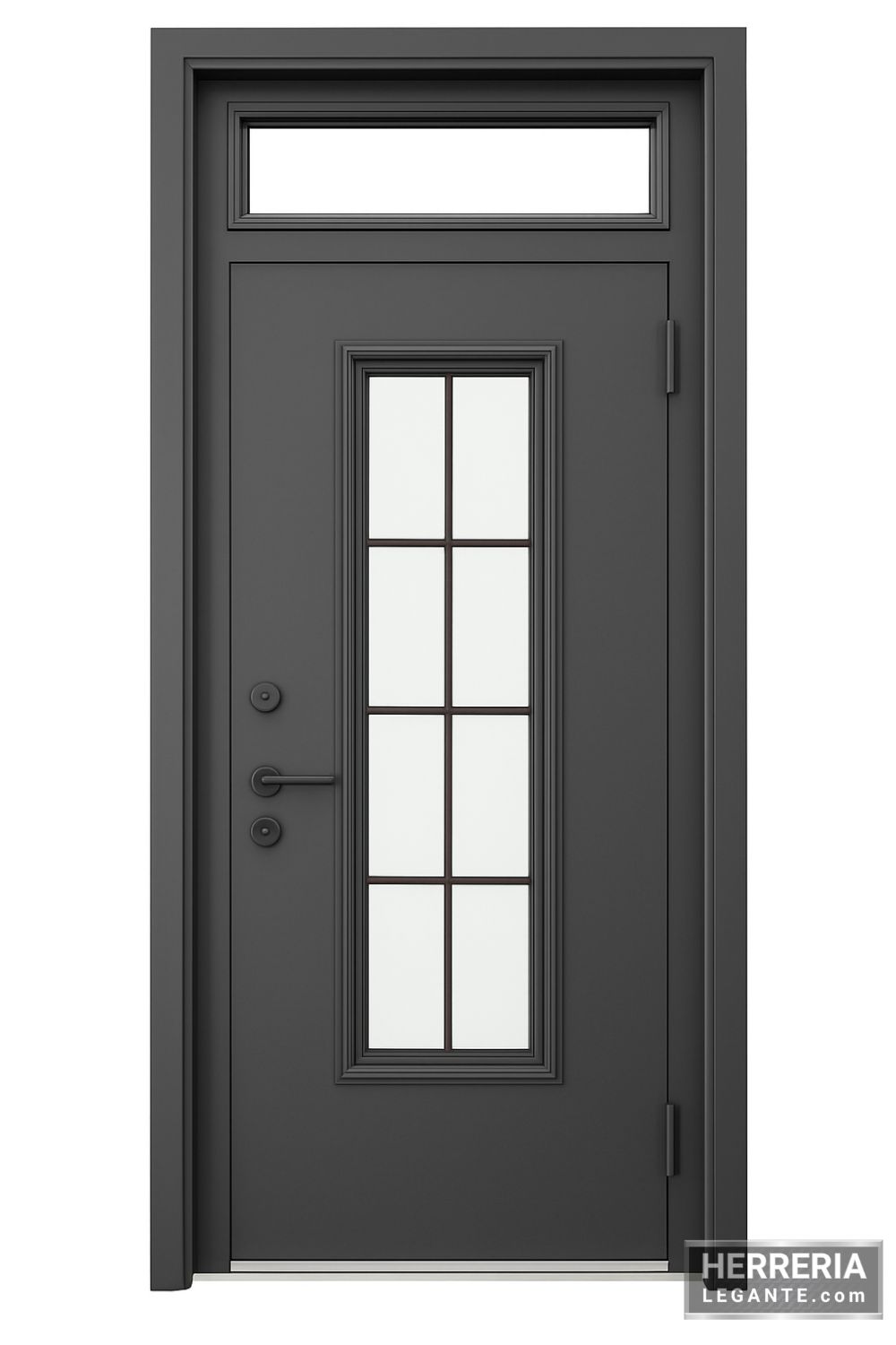 Puerta metálica gris oscuro con panel de vidrio central dividido en cuadrantes rectangulares y tragaluz superior