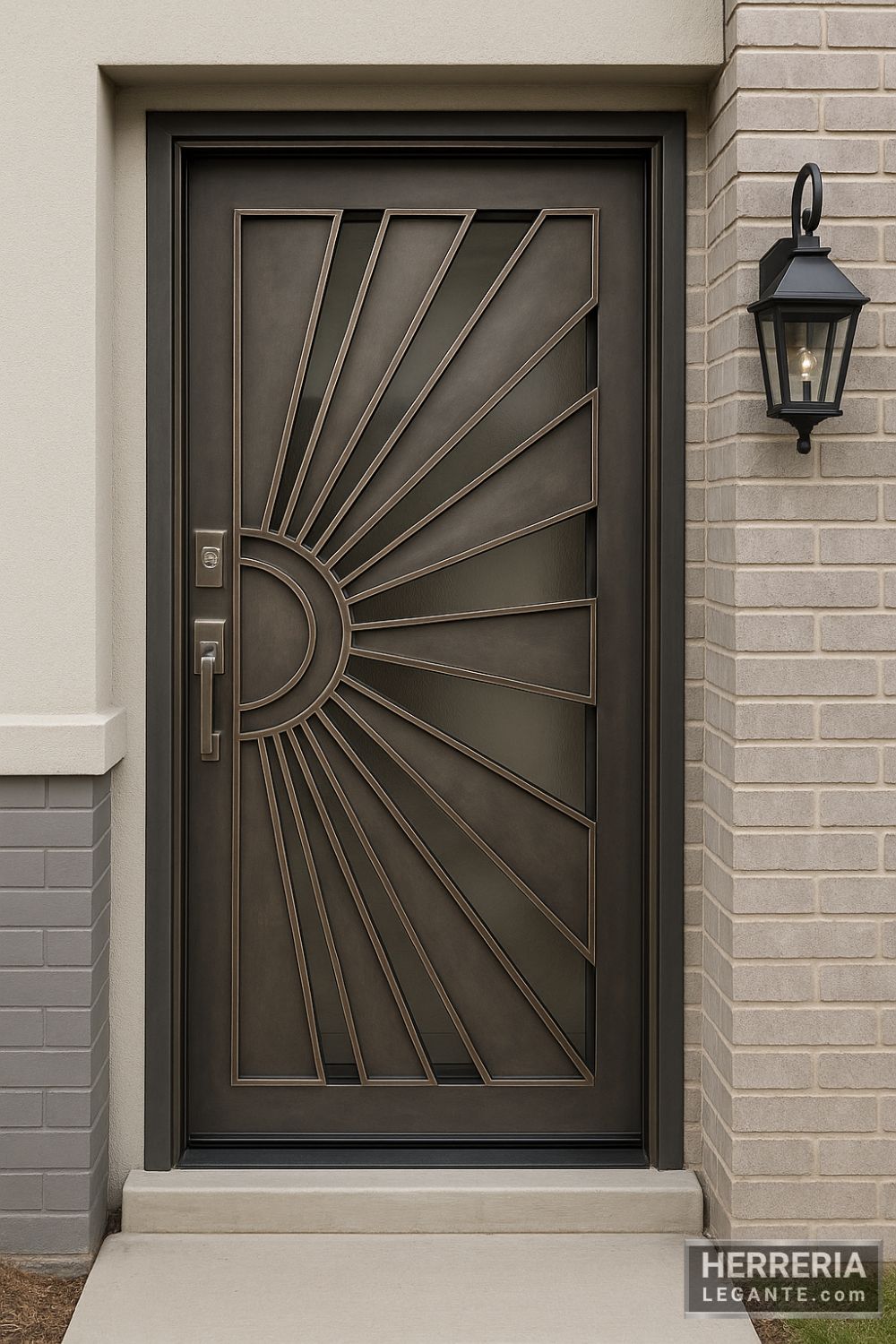 Puerta metálica con diseño radial sobre vidrio esmerilado instalada en entrada de departamento con muro de ladrillo y aplique negro