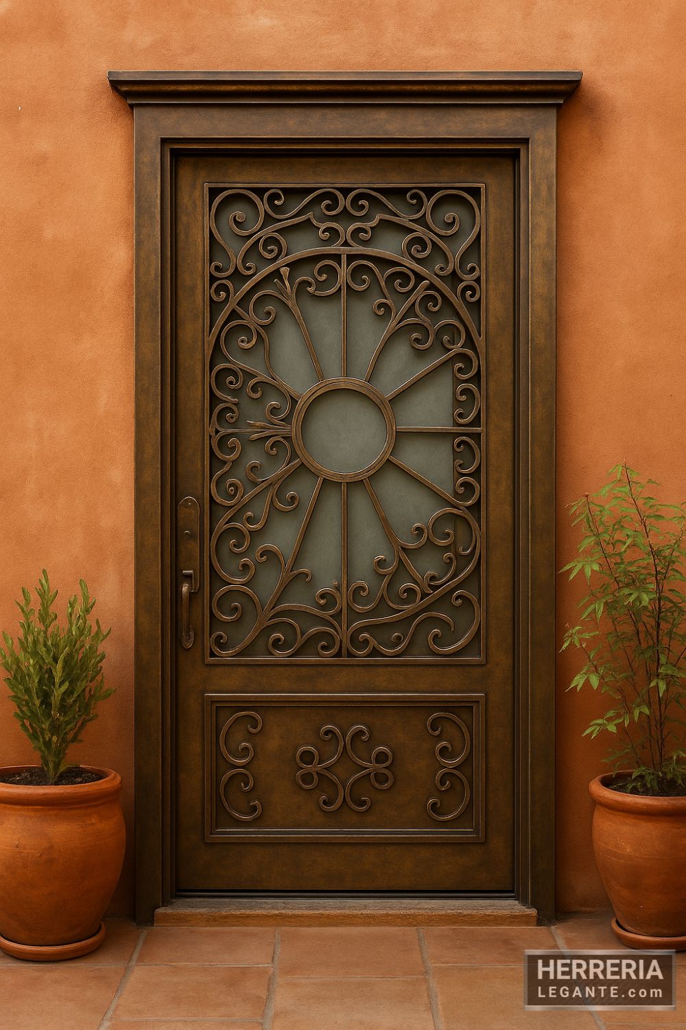 Puerta de herrería con diseño de sol en acabado bronce instalada en fachada de tono cálido con plantas en macetas