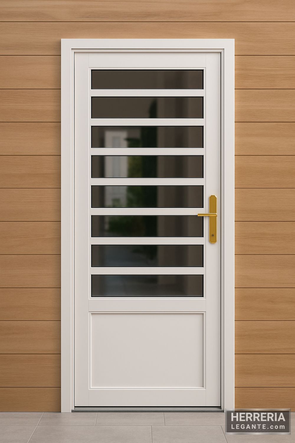 puerta blanca de herrería instalada en muro revestido con madera clara