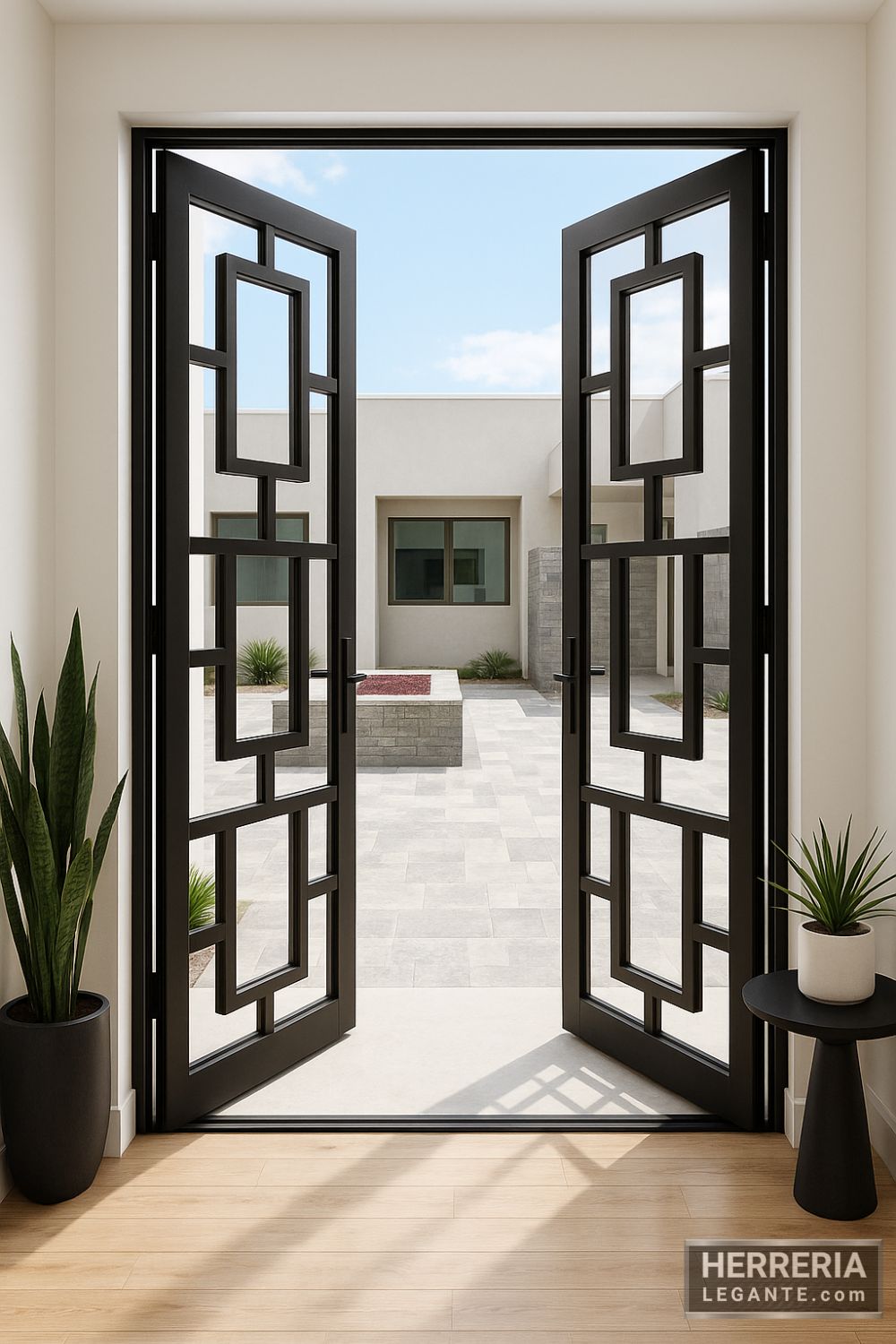 puerta de herrería negra con vidrio y diseño geométrico vista desde el interior hacia patio moderno con fuente central y cerámicos grises