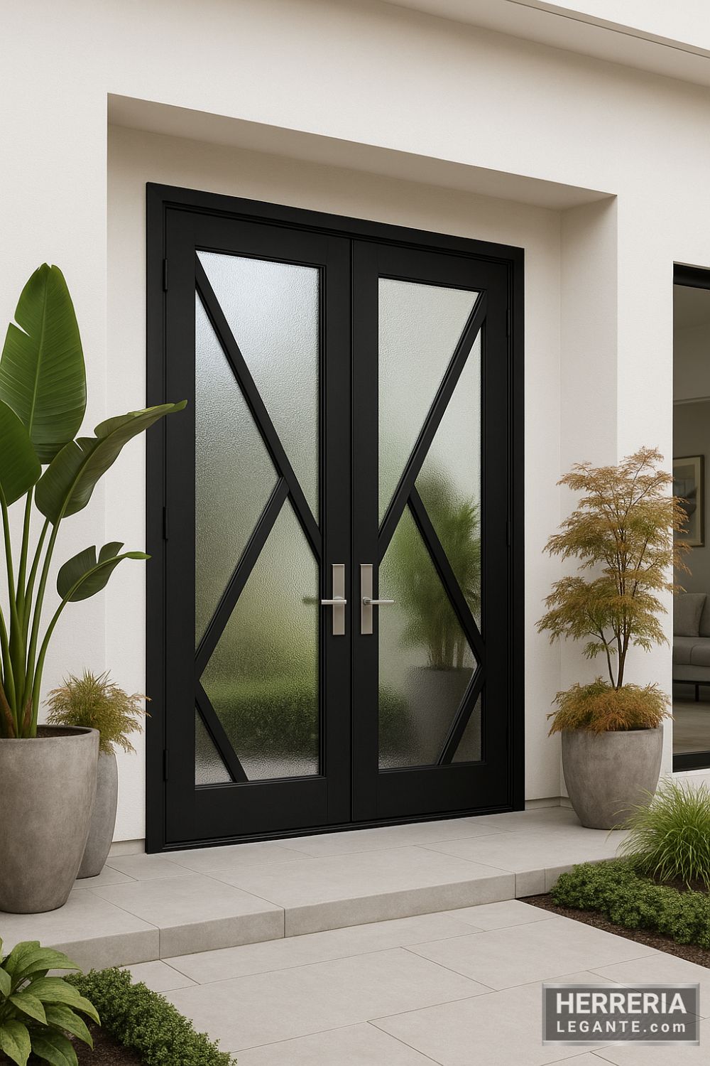 puerta de herrería negra de doble hoja con vidrio esmerilado instalada en entrada principal moderna con plantas decorativas y fachada blanca