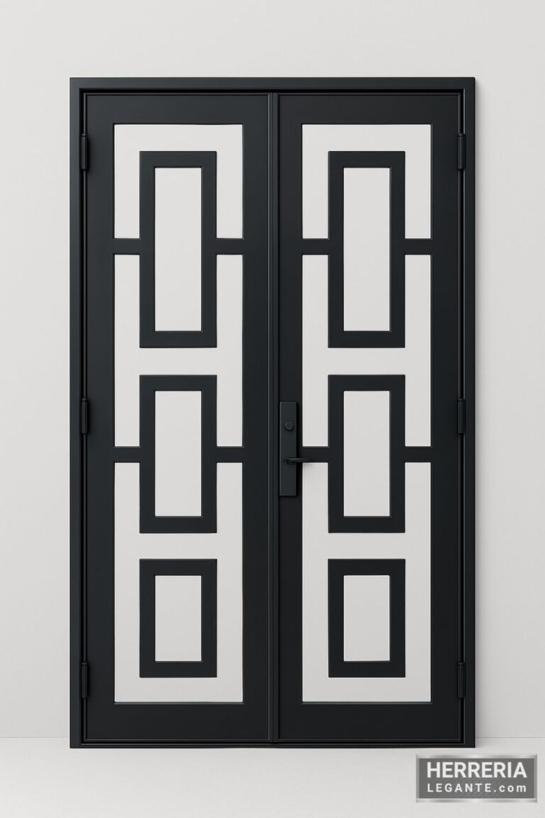 puerta de herrería de doble hoja con diseño geométrico rectangular y vidrio esmerilado, sobre fondo gris claro