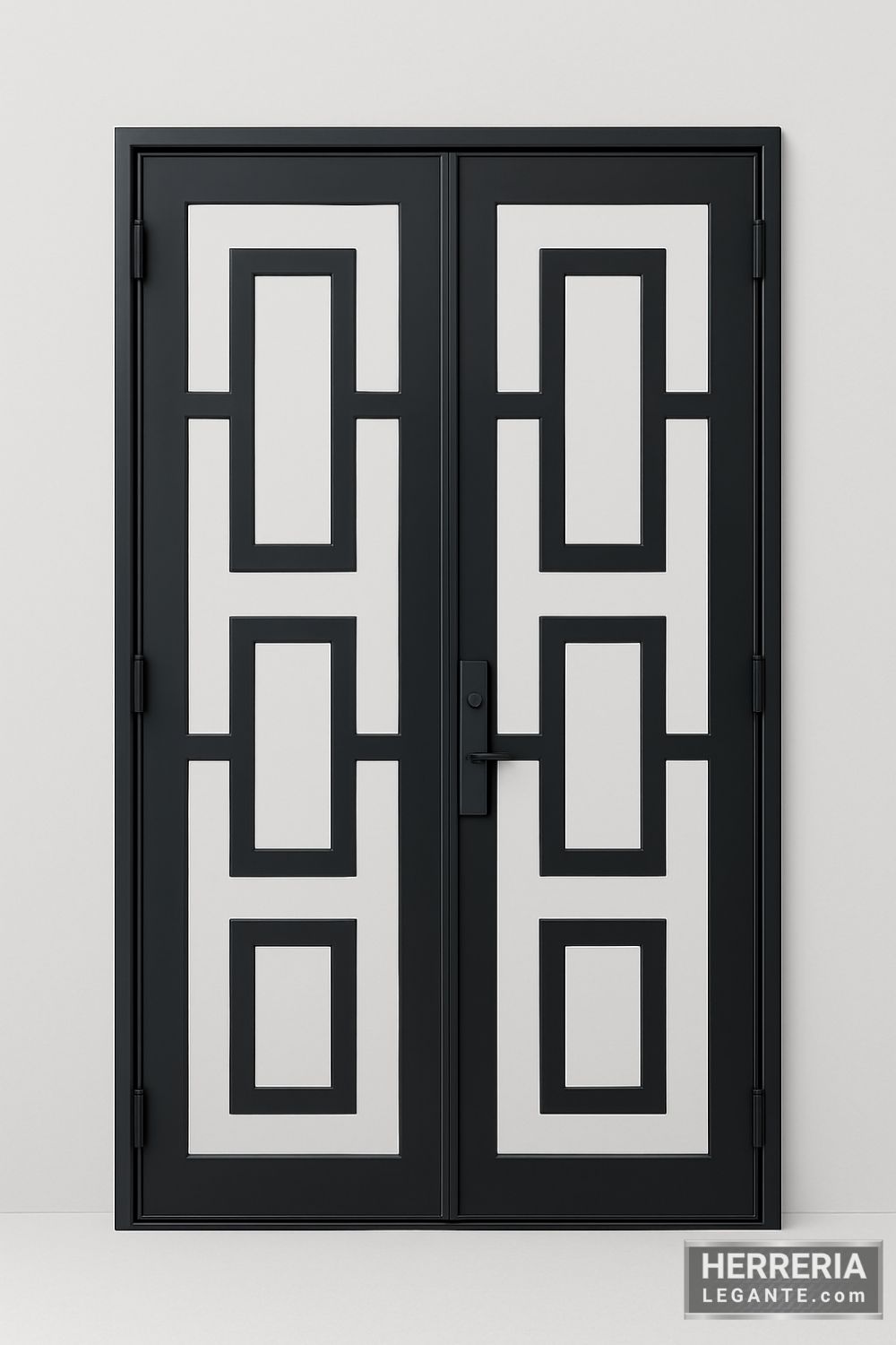 puerta de herrería de doble hoja con diseño geométrico rectangular y vidrio esmerilado, sobre fondo gris claro