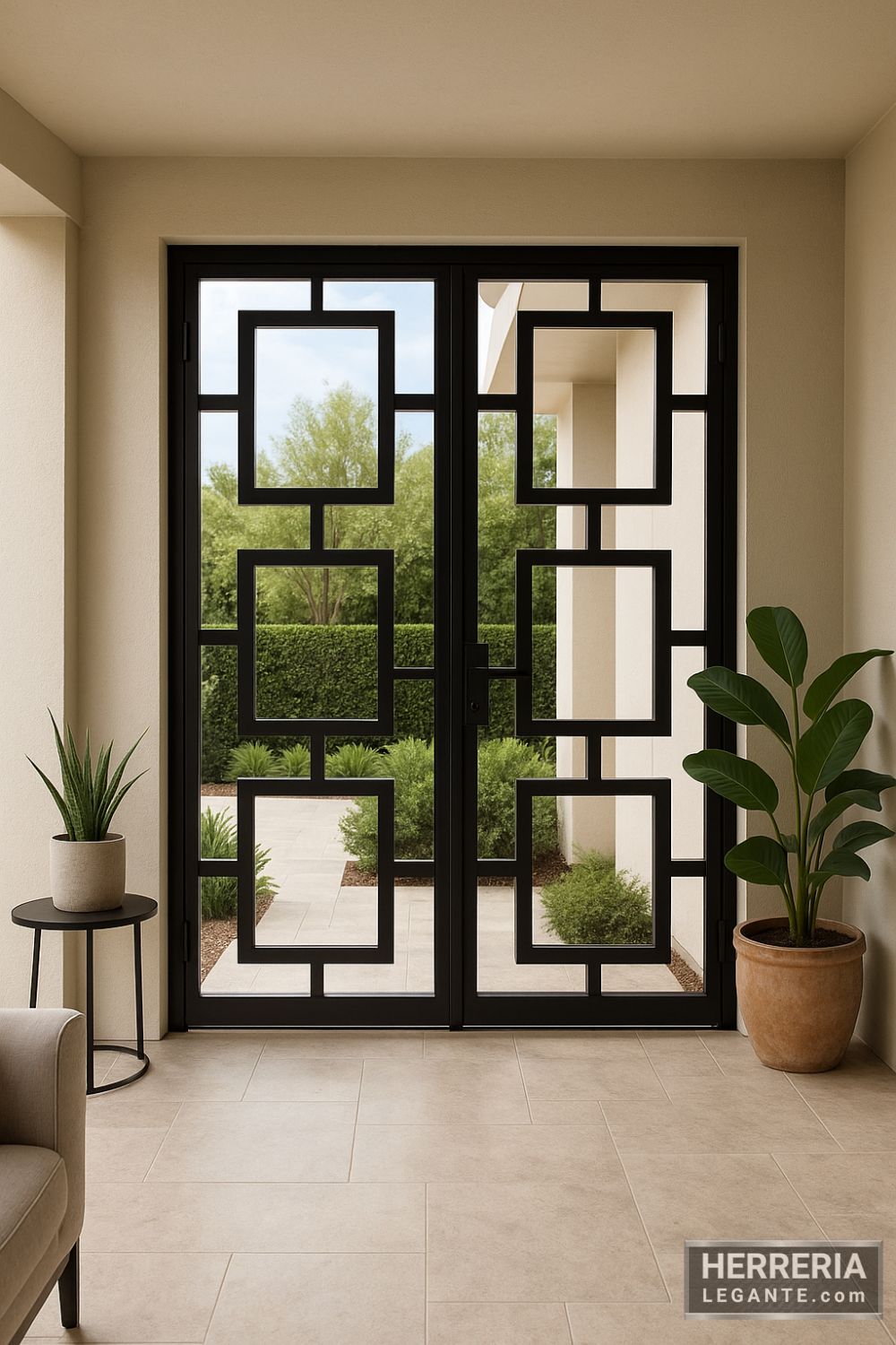 puerta de herrería doble con diseño geométrico rectangular vista desde interior hacia un jardín con plantas y sendero pavimentado