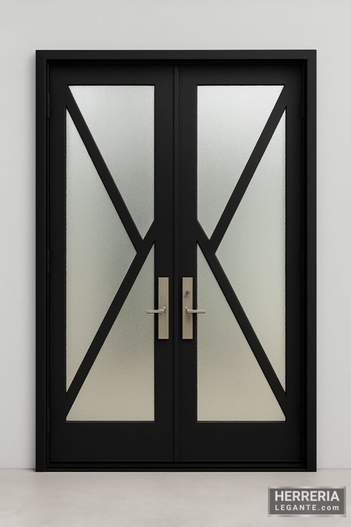 puerta de herrería negra de doble hoja con vidrio esmerilado y diseño geométrico en V sobre fondo gris claro