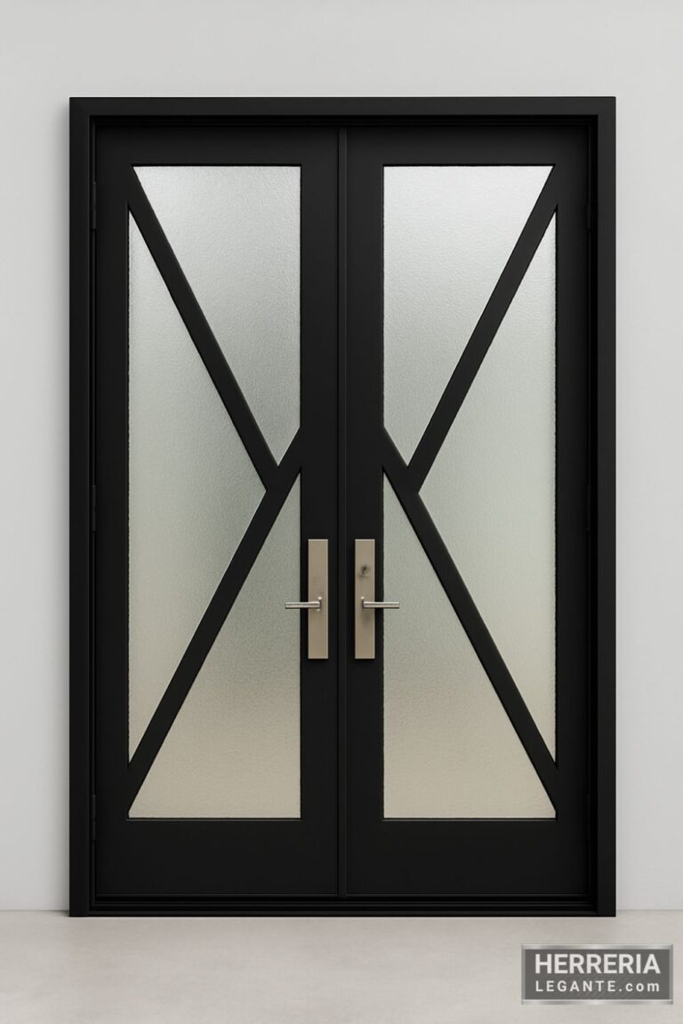 puerta de herrería negra de doble hoja con vidrio esmerilado y diseño geométrico en V sobre fondo gris claro