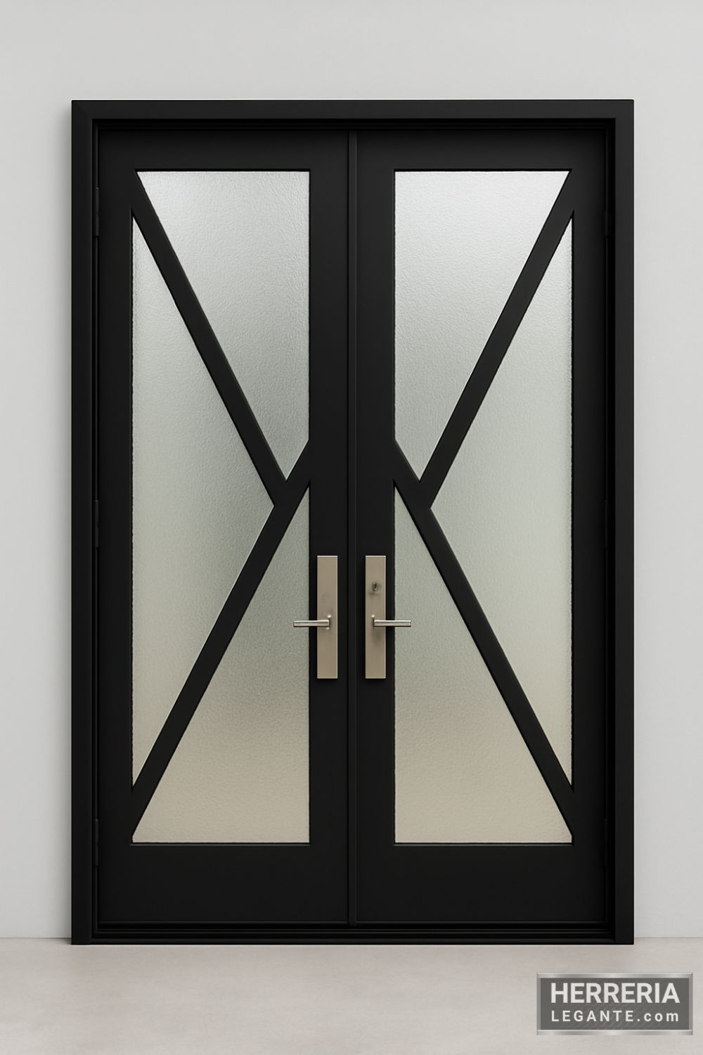 puerta de herrería negra de doble hoja con vidrio esmerilado y diseño geométrico en V sobre fondo gris claro