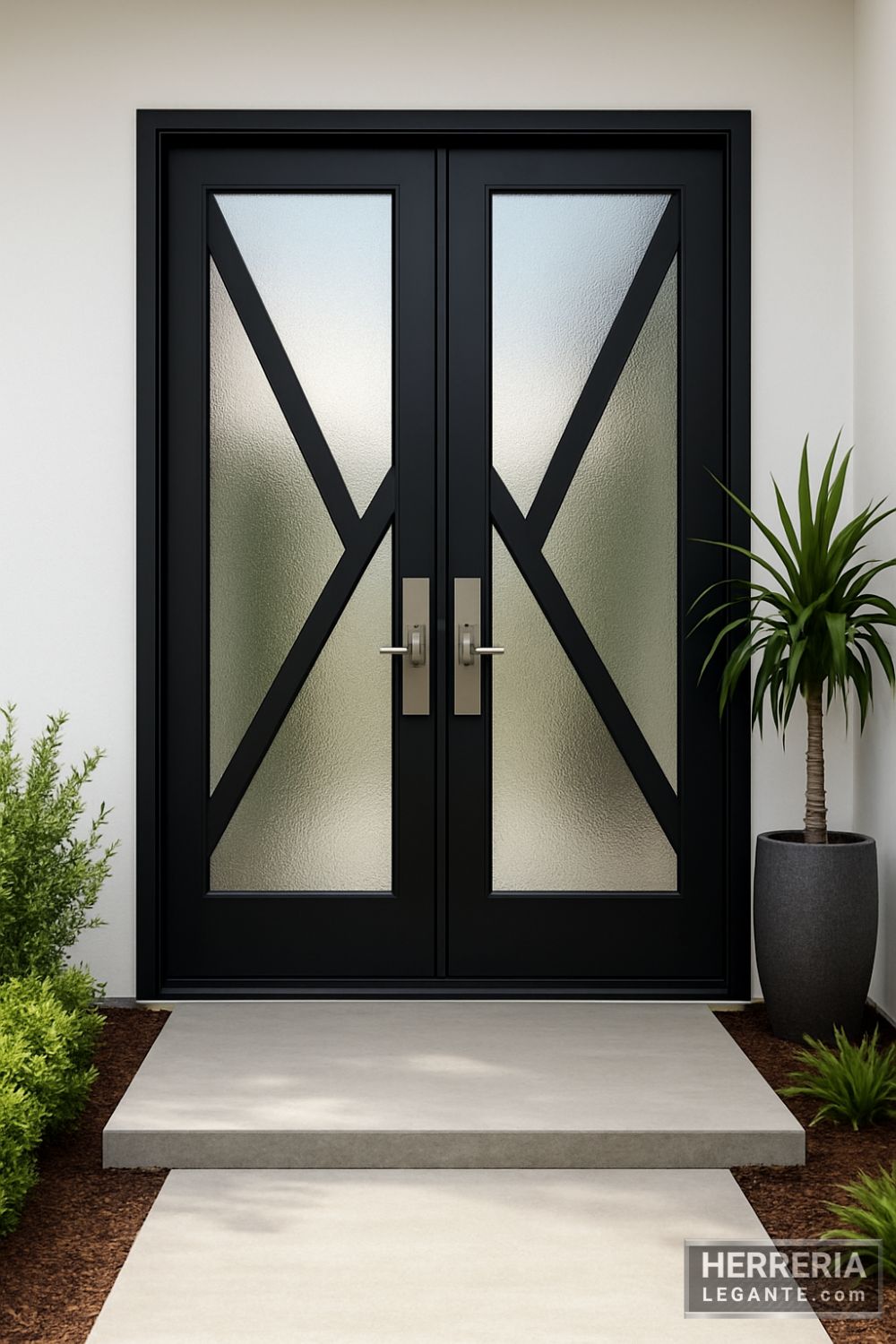 puerta doble de herrería negra con vidrio esmerilado vista desde el exterior, rodeada de plantas y revestimiento blanco