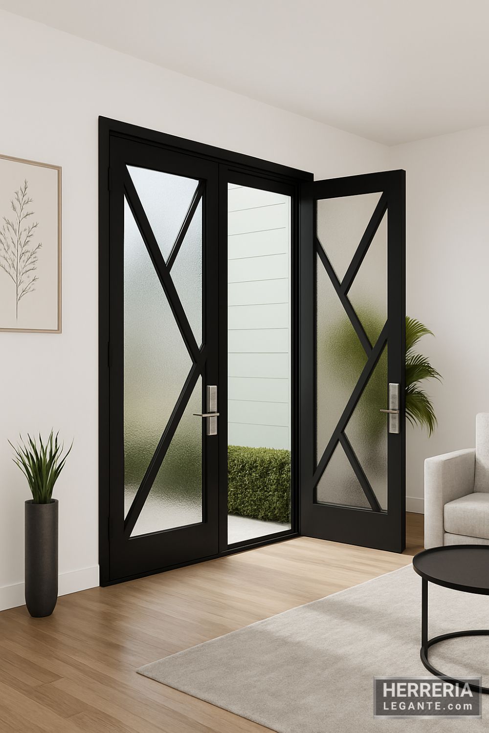 puerta doble de herrería negra con vidrio esmerilado en sala moderna minimalista con vista a jardín
