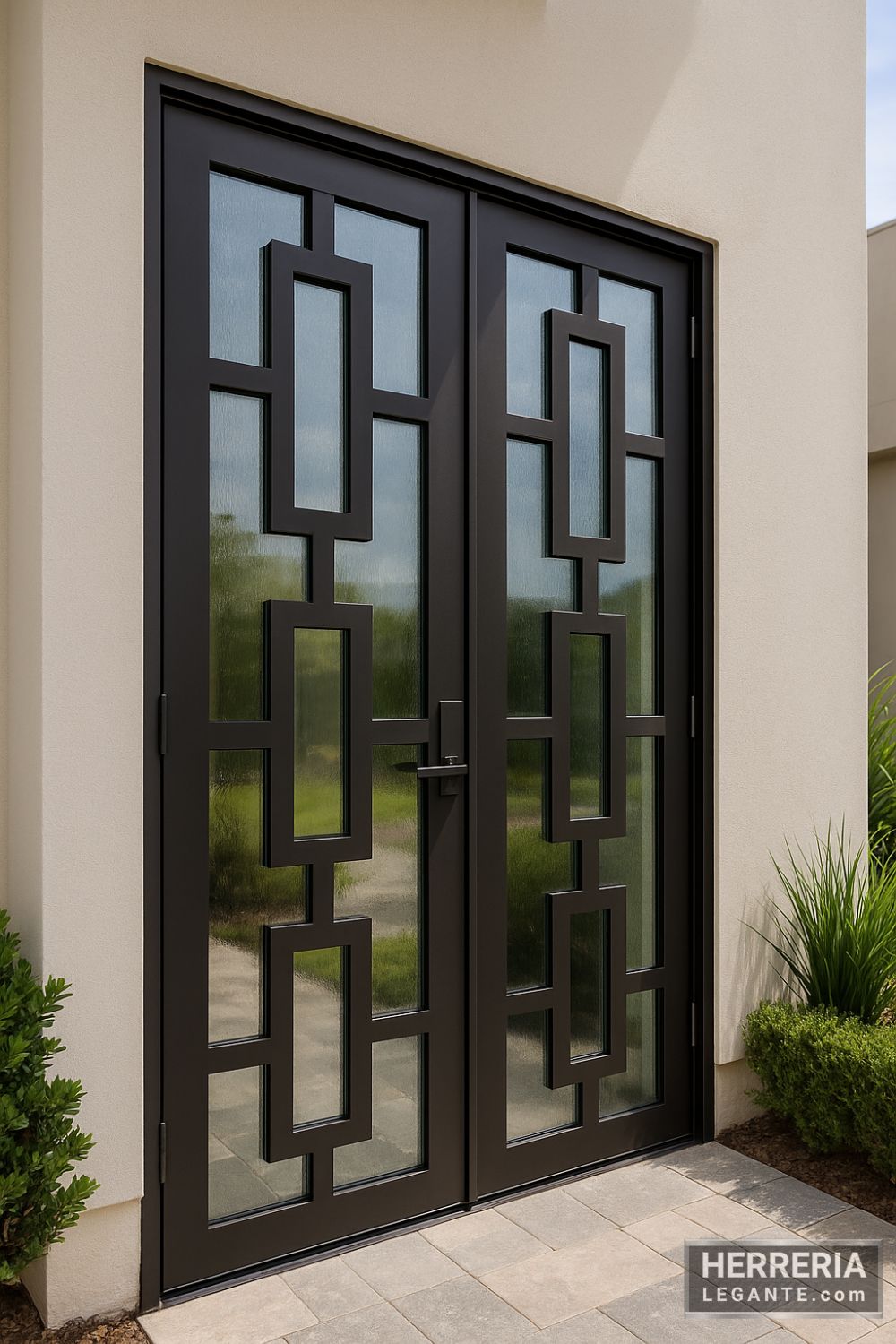 puerta de herrería negra con patrones rectangulares y vidrio visible instalada en fachada lateral de vivienda moderna