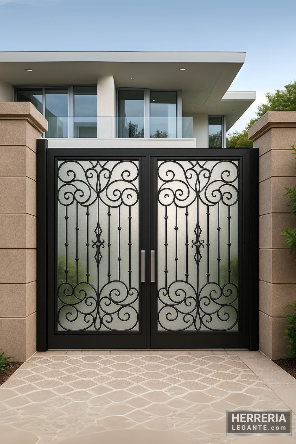 puerta exterior de herrería con vidrio esmerilado y diseño ornamental en fachada moderna de casa de dos pisos con pilares de piedra