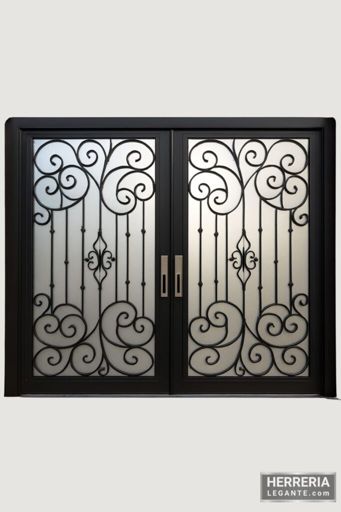 puerta exterior de herrería con vidrio esmerilado y diseño ornamental simétrico, en fachada de piedra beige con piso hexagonal