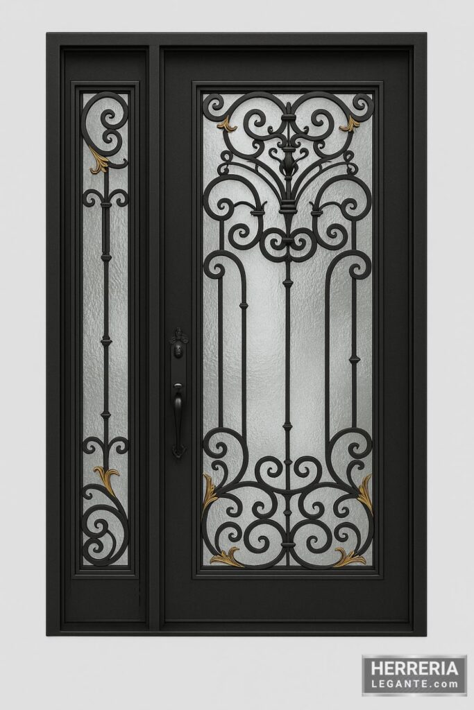 puerta de herrería negra con vidrio esmerilado, diseño forjado simétrico y detalles dorados sobre fondo gris claro