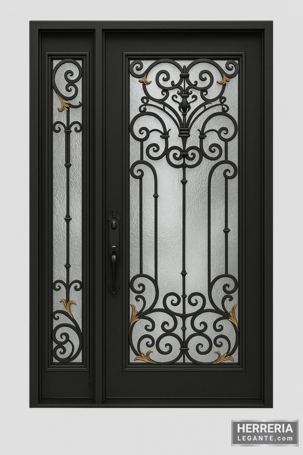 puerta de herrería negra con vidrio esmerilado, diseño forjado simétrico y detalles dorados sobre fondo gris claro