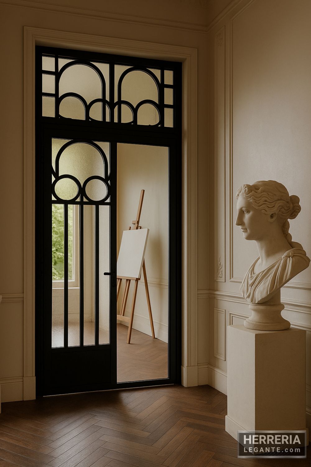 puerta de herrería negra con diseño de arcos instalada en estudio artístico con busto clásico y caballete de pintura