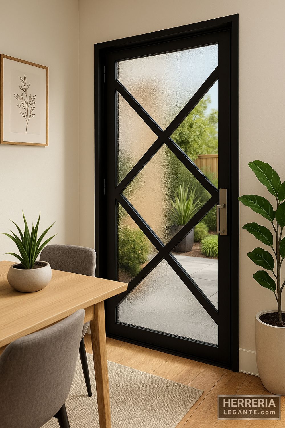 puerta de herrería negra con diseño en cruz y vidrio esmerilado vista desde interior moderno hacia patio con plantas