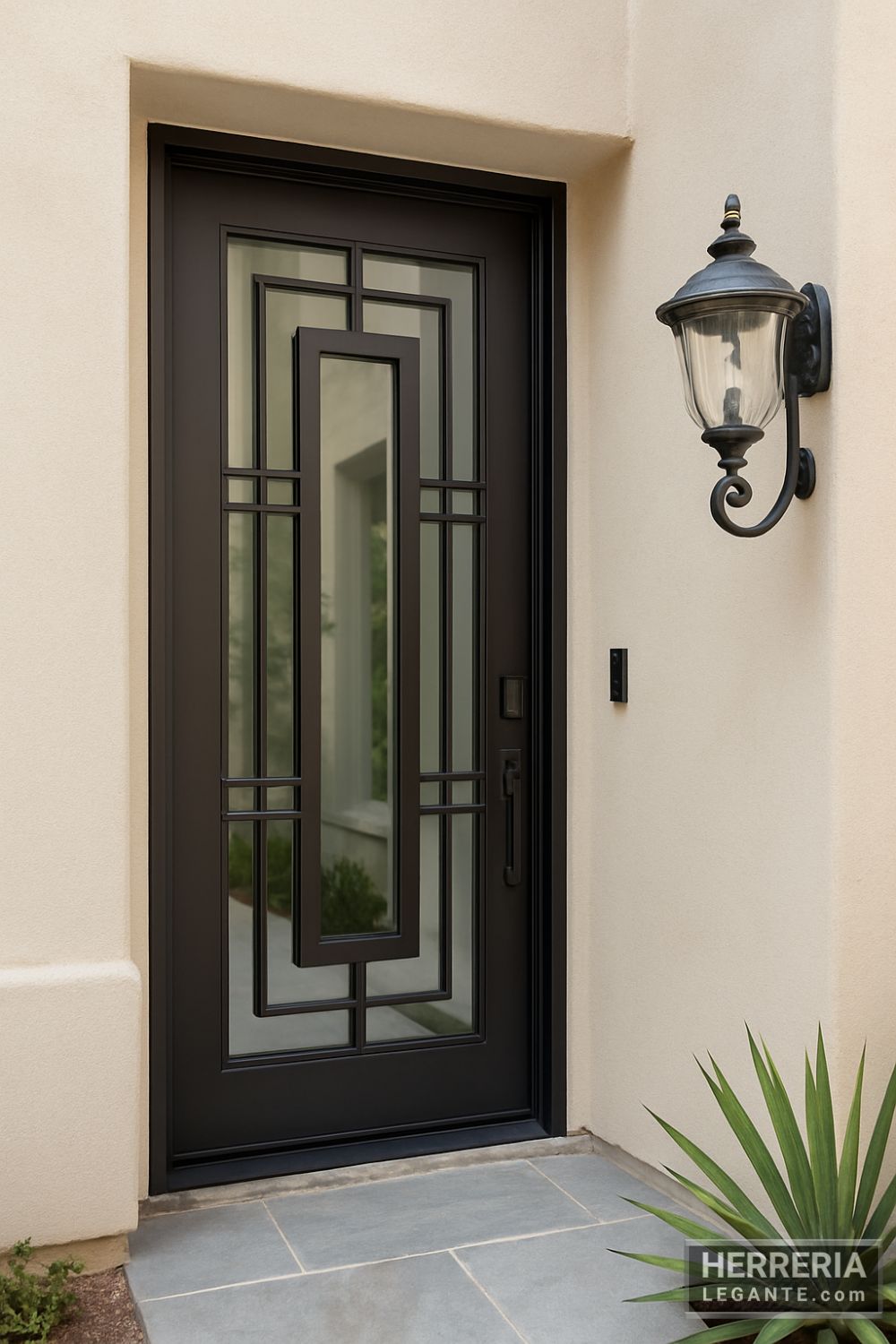 puerta de herrería con vidrio transparente y diseño rectangular vista en ángulo lateral sobre piso de piedra gris