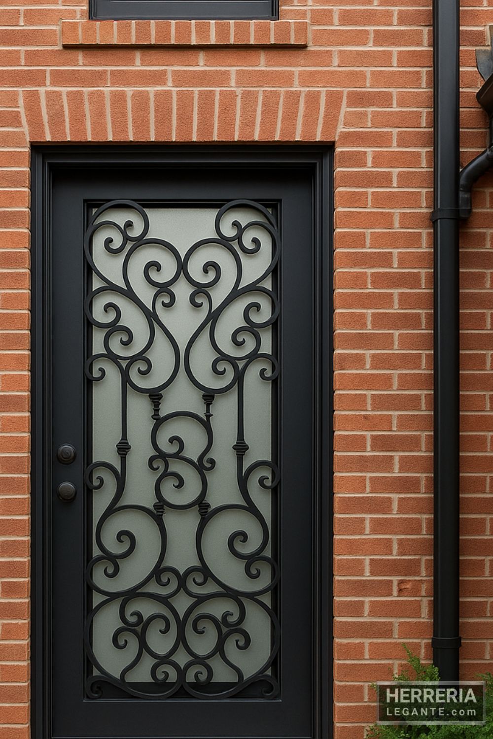 puerta de herrería negra con vidrio esmerilado instalada en fachada de ladrillo rojo tipo estudio profesional