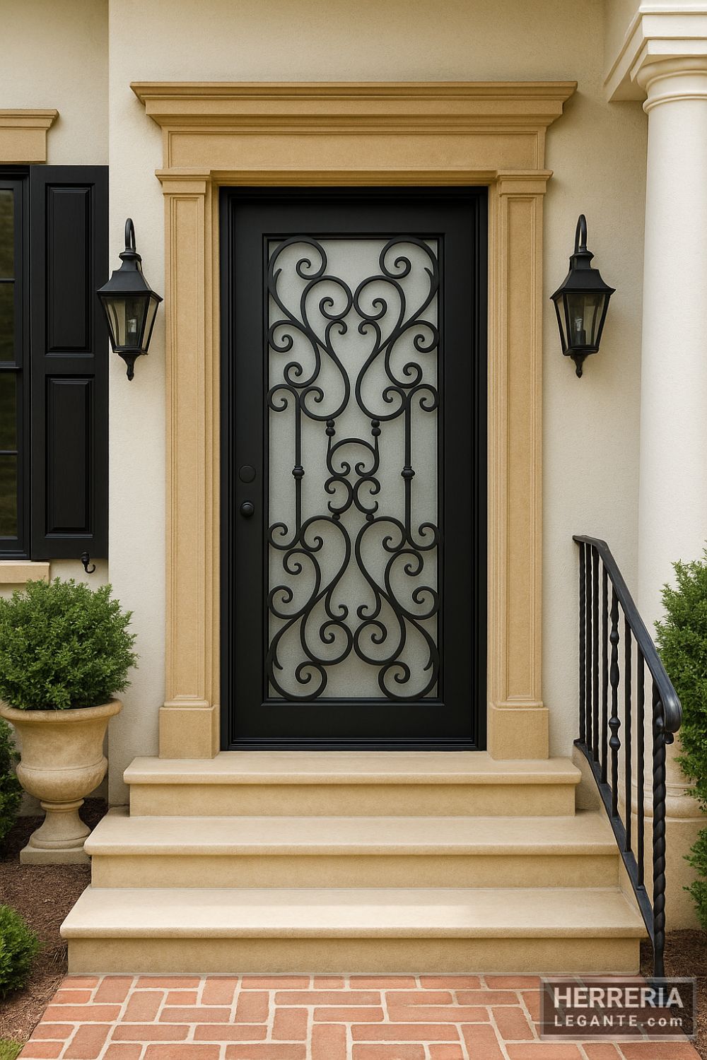 puerta de herrería negra con vidrio esmerilado instalada en casa de estilo colonial con marcos de piedra y faroles laterales