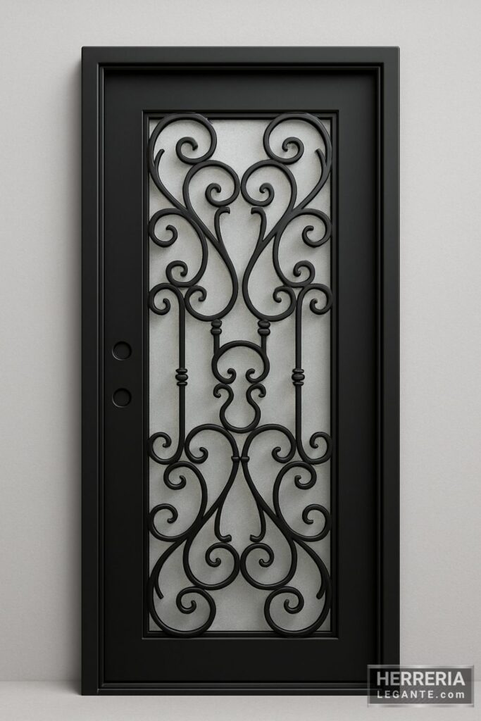 puerta de herrería artística negra con vidrio esmerilado y diseño de forja ornamental frente a fondo gris claro