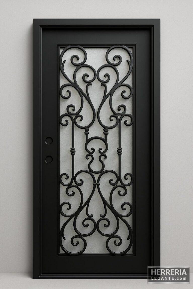 puerta de herrería artística negra con vidrio esmerilado y diseño de forja ornamental frente a fondo gris claro