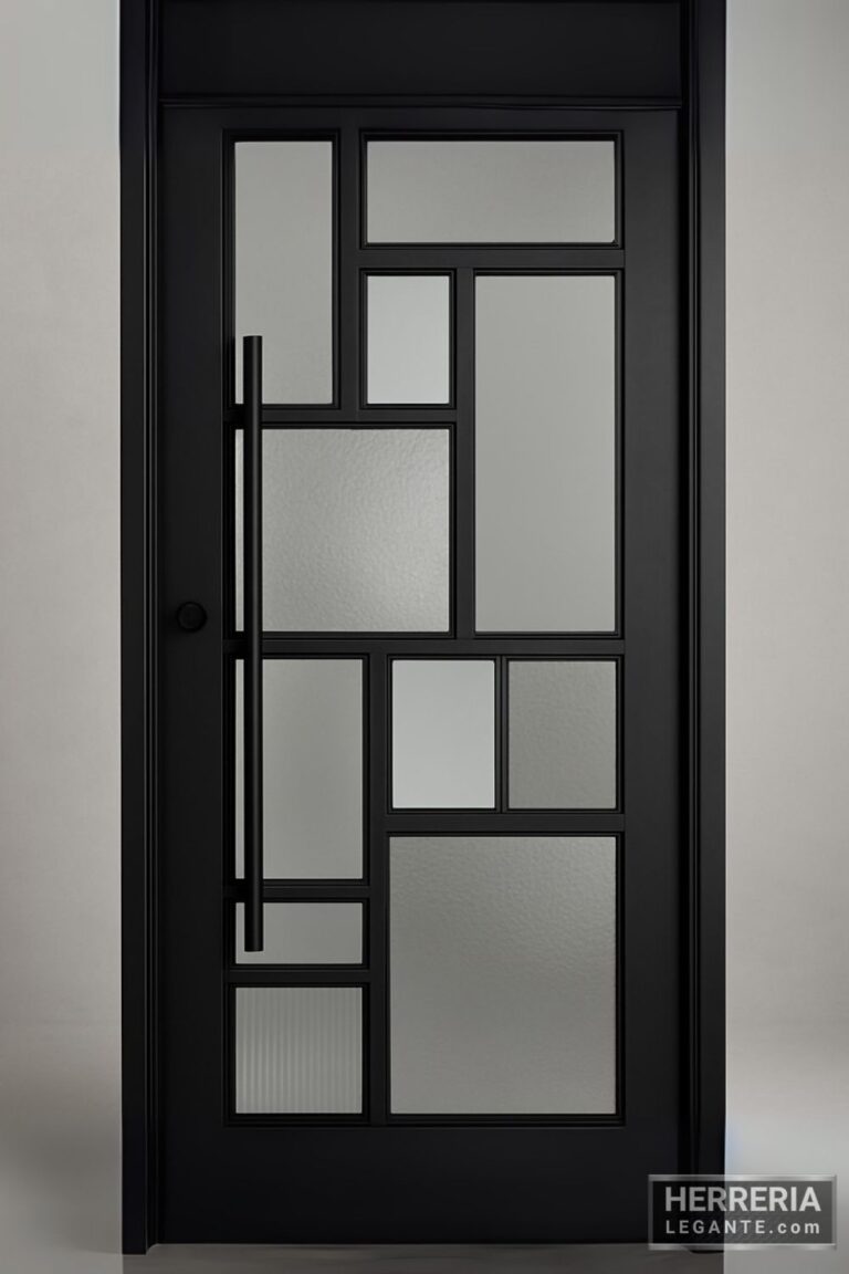 puerta de herrería negra con diseño asimétrico y paneles de vidrio texturizado