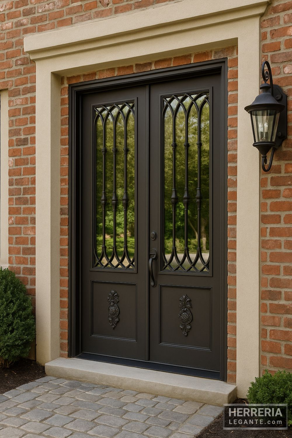 puerta de herrería doble con relieves florales y barrotes decorativos en fachada de ladrillo con detalles en estuco