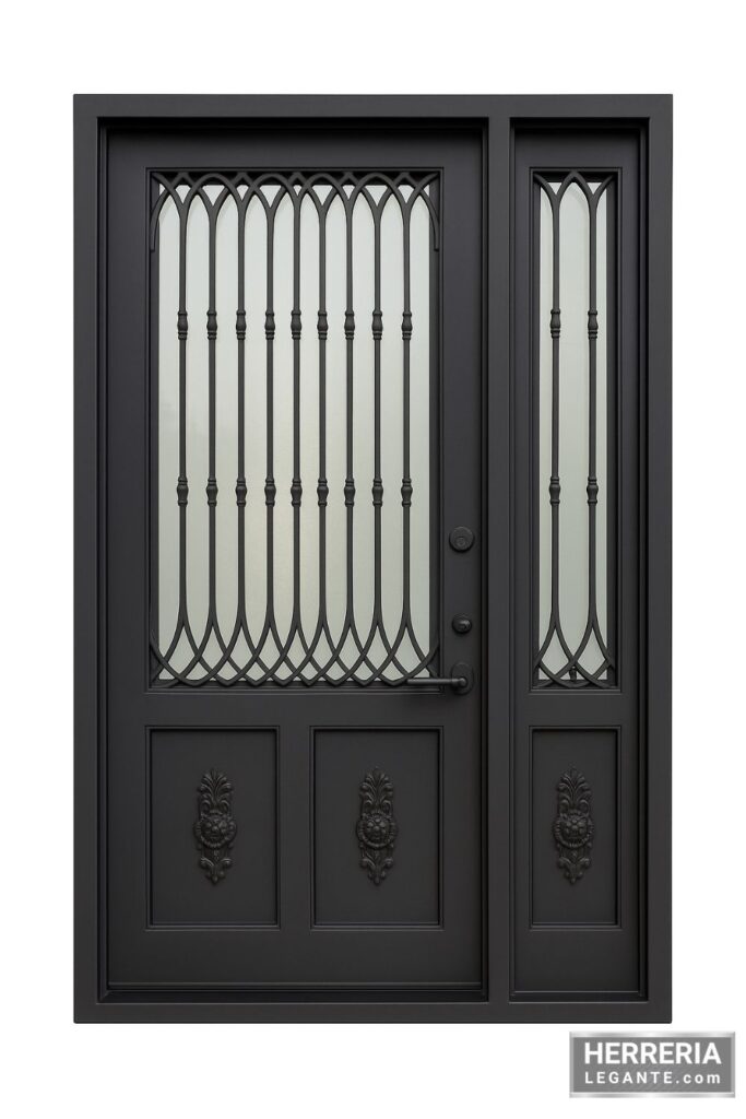 puerta de herrería con fijo lateral, barrotes decorativos y paneles florales en la parte inferior