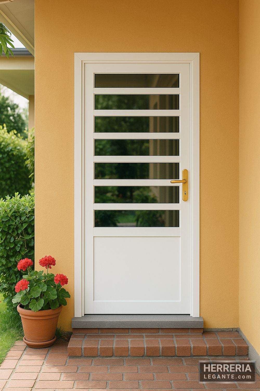 puerta de herrería blanca con vidrio en franjas, instalada en una entrada trasera con vista a jardín y pared color ocre