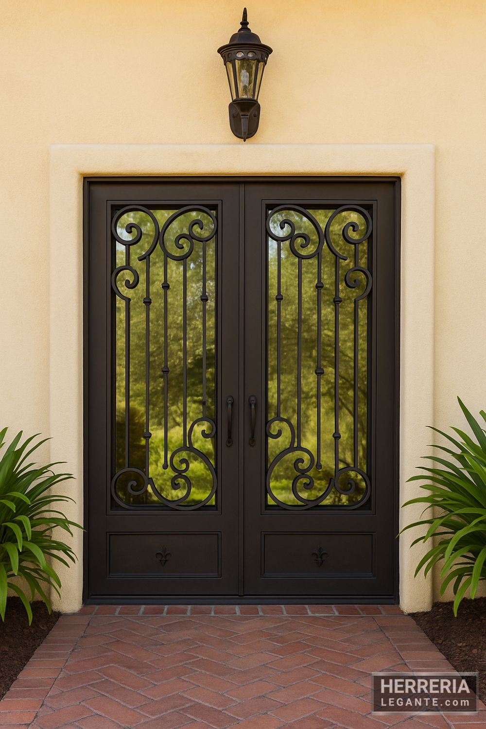 puerta de herrería de doble hoja con vidrio en casa con jardín frontal y sendero de ladrillo