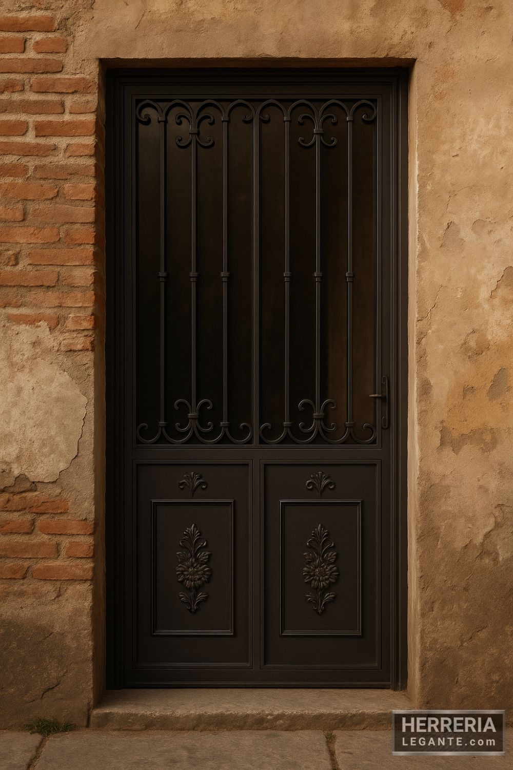 puerta de herrería con fijo lateral, barrotes decorativos y paneles florales en fachada colonial de ladrillo y muro enlucido