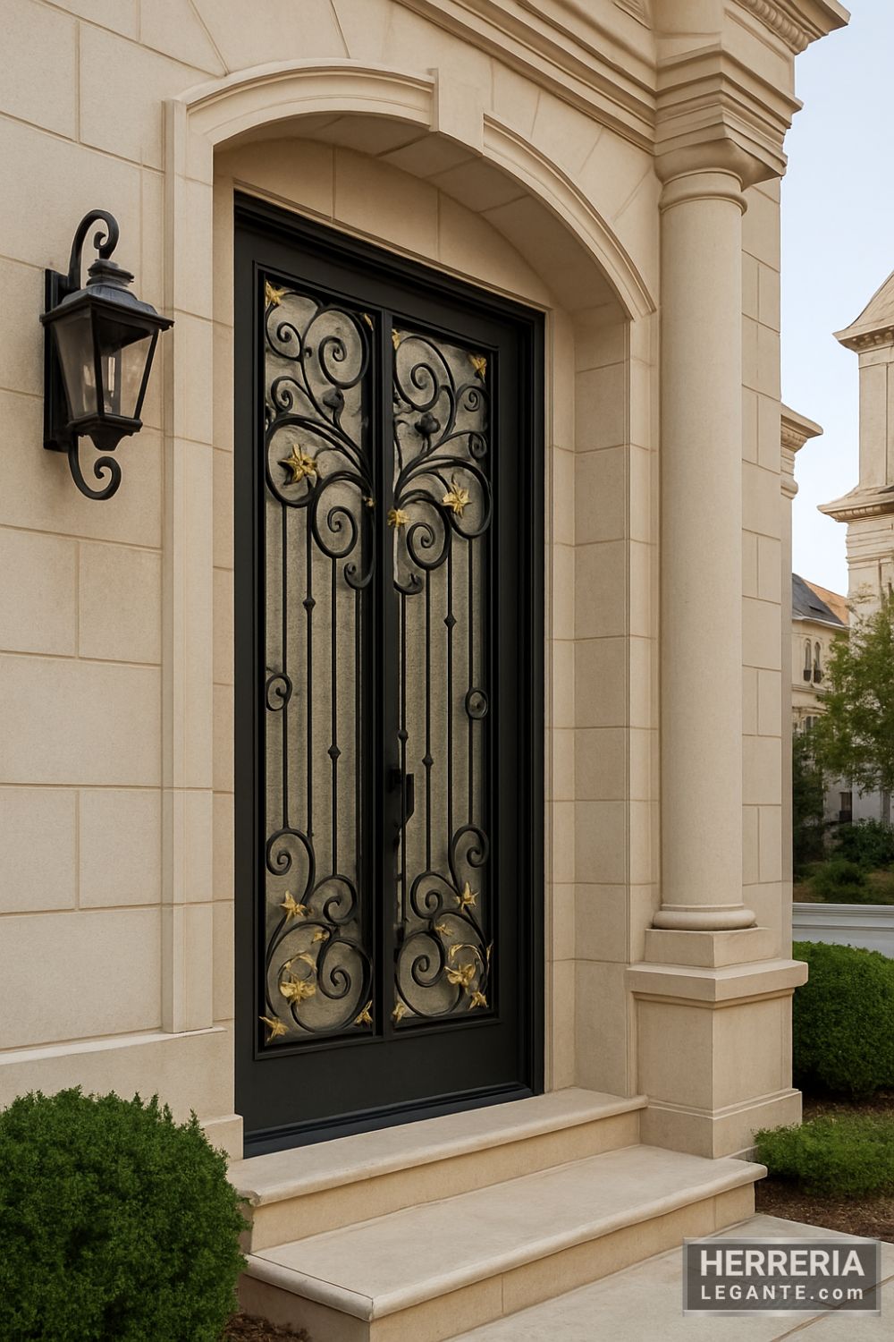 puerta de herrería negra con vidrio y detalles dorados instalada en fachada de vivienda de esquina con columnas y lámpara tradicional